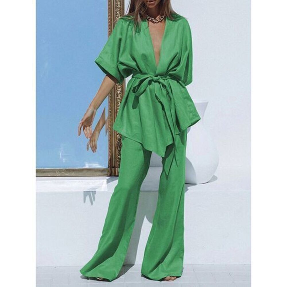 Commense‎ Linen Cotton Green Two-Piece Set Kimono-Style Top Wide-Leg Pant Outfit